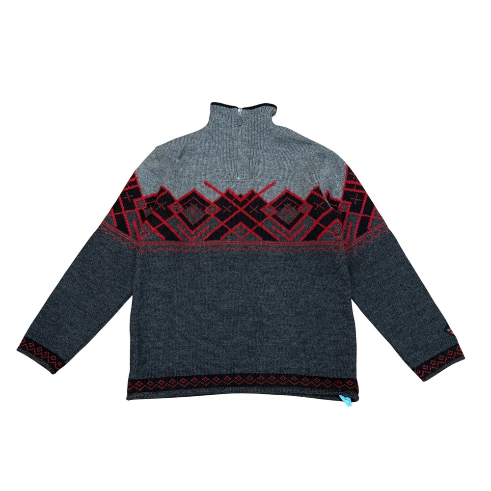 Skjæveland of Norway Pure Wool Nordic Sweater Mens XL Gray Red Fair Isle 1/4 Zip